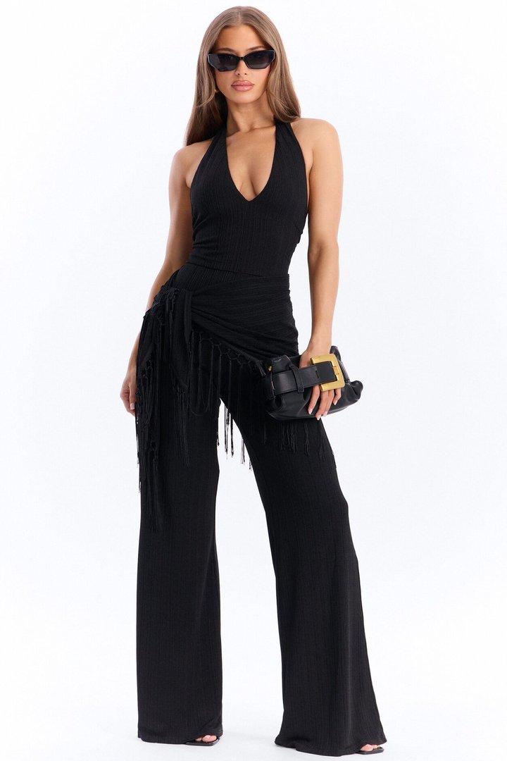 Too Chic Jumpsuit And Waist Scarf Set - Black