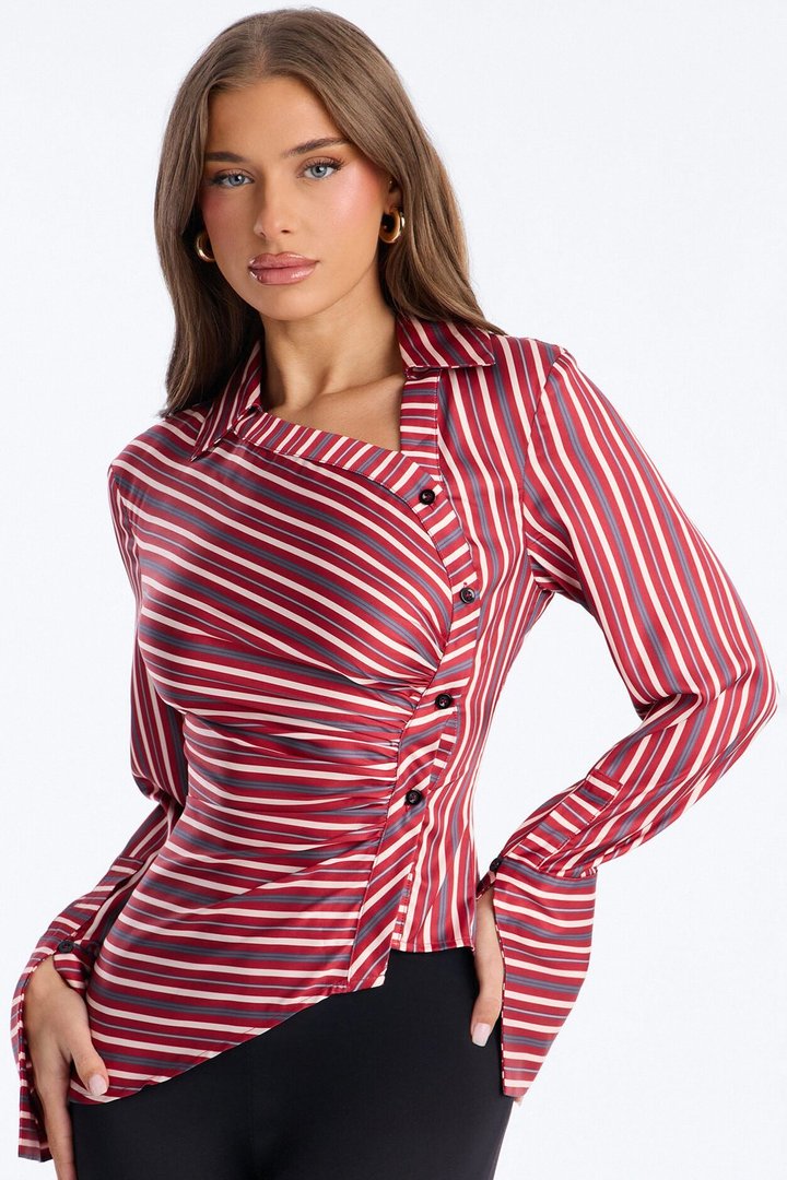 Office Cool Asymmetrical Striped Satin Shirt - Red/combo