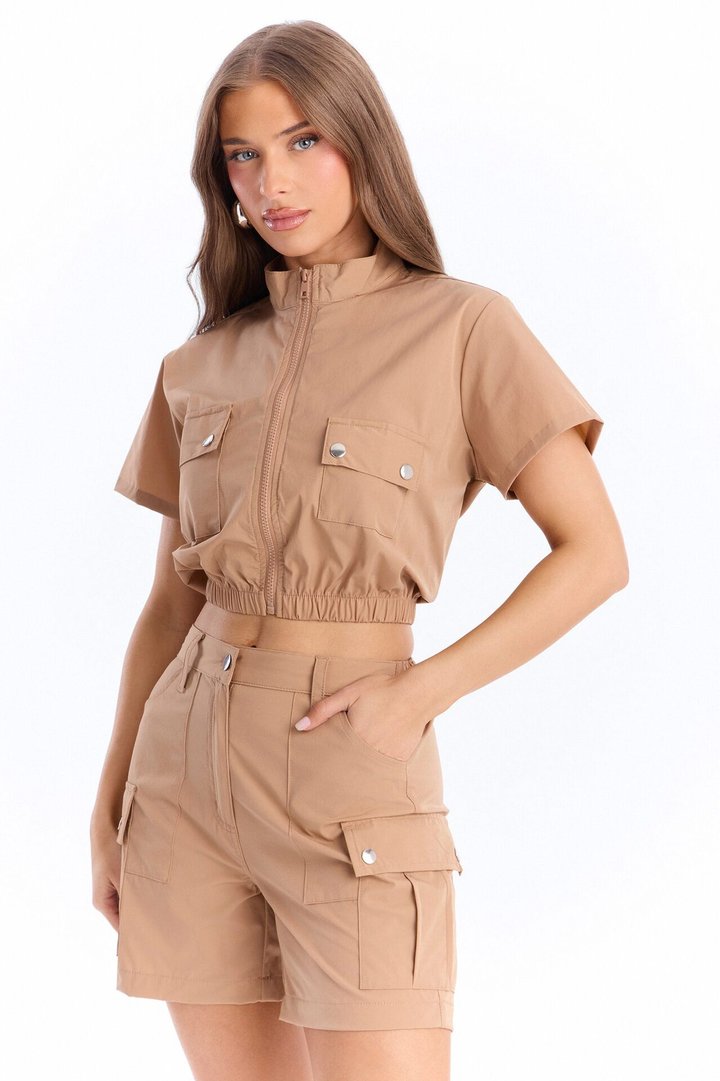 Nessa Nylon Cargo Short Set - Tan