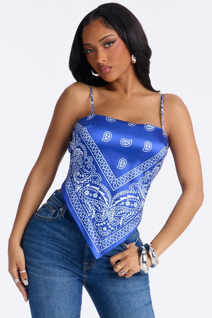 Stuck On You Paisley Satin Tie Back Bandana Top - Blue/combo