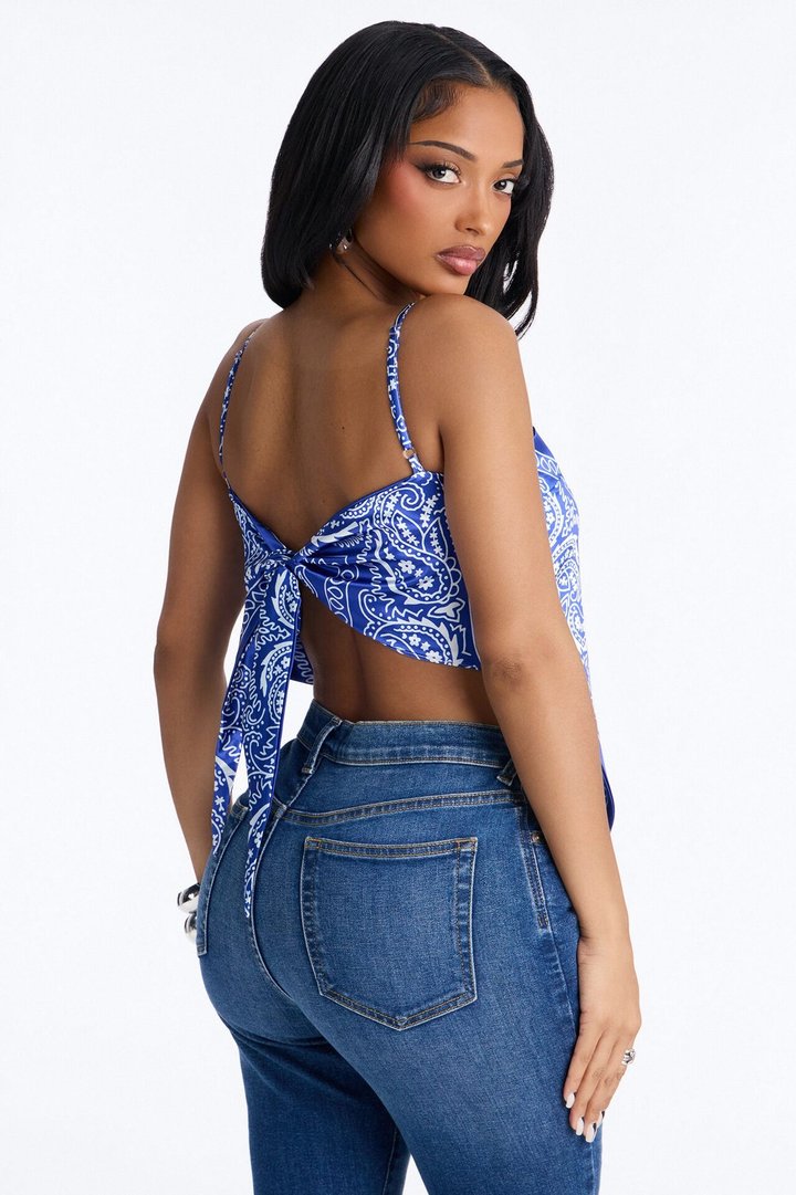 Stuck On You Paisley Satin Tie Back Bandana Top - Blue/combo