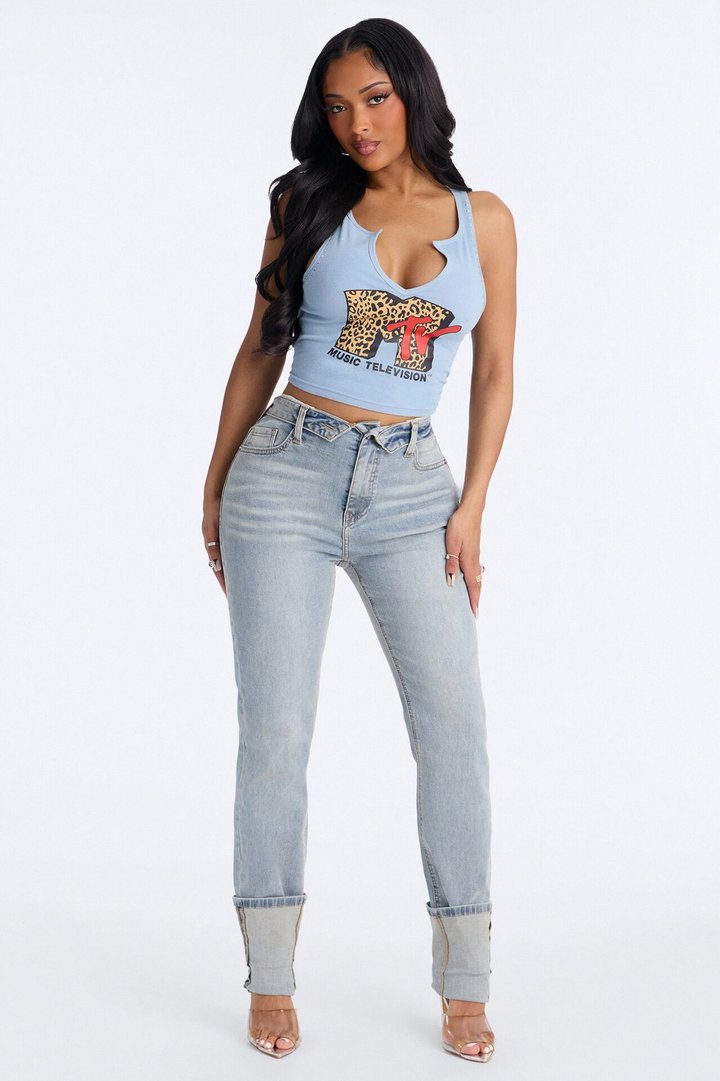 MTV Studded Notch Neck Tank - Dusty Blue
