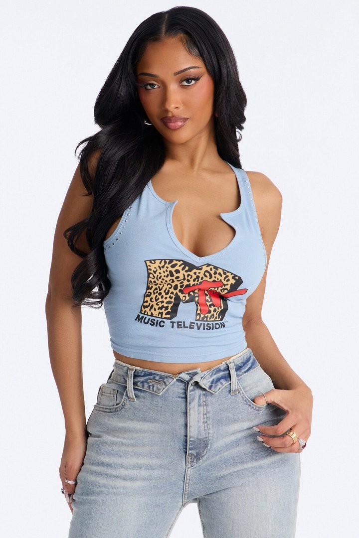 MTV Studded Notch Neck Tank - Dusty Blue