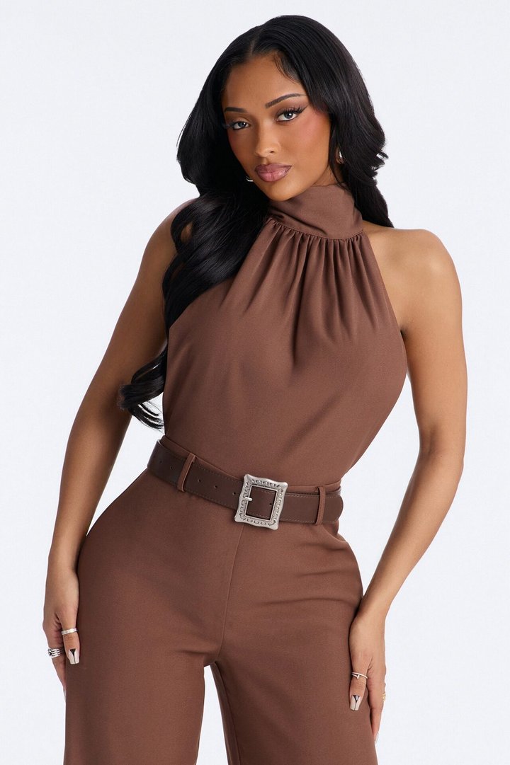 Donna Fringe Trim Belted Jumpsuit - Chocolate