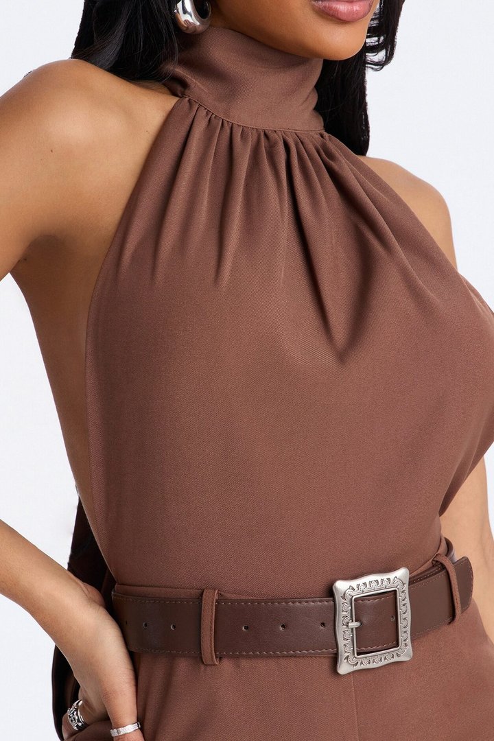Donna Fringe Trim Belted Jumpsuit - Chocolate