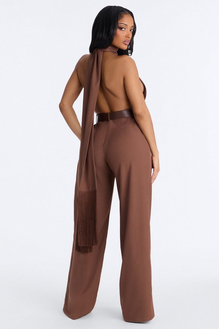 Donna Fringe Trim Belted Jumpsuit - Chocolate