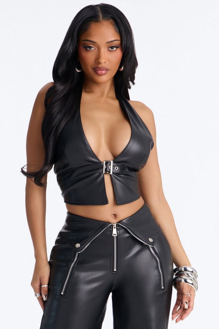Out For The Night Faux Leather Halter Pant Set - Black