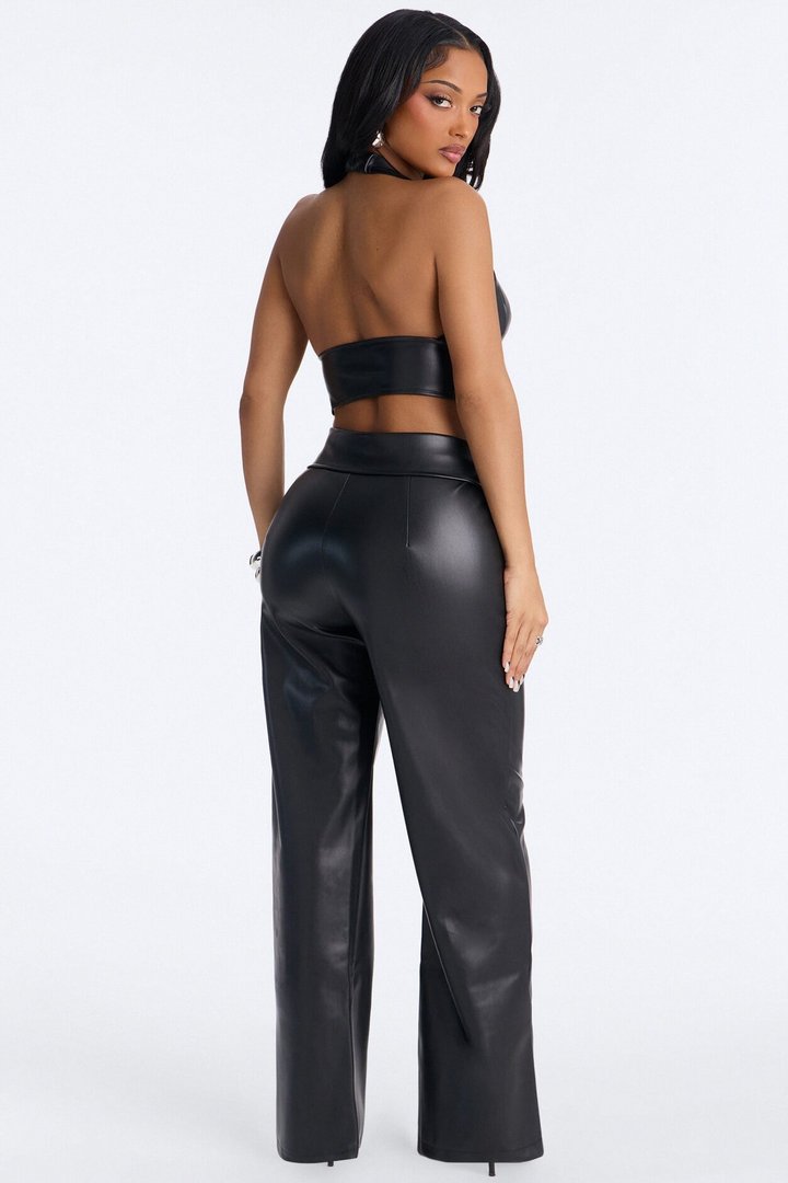 Out For The Night Faux Leather Halter Pant Set - Black