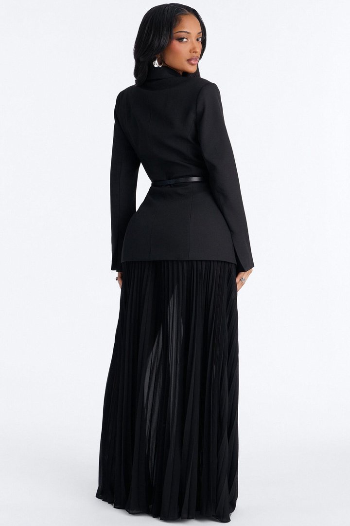Aria Belted Long Sleeve Blazer Pleated Skirt Set - Black