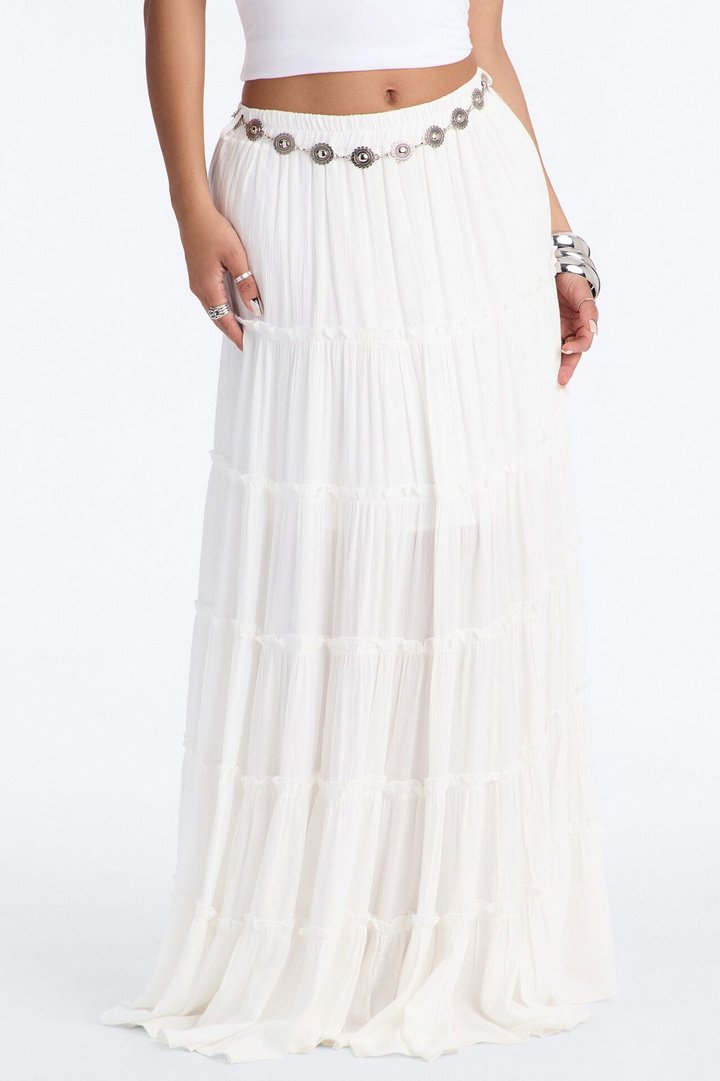 Free Spirit Low Rise Belted Tiered Maxi Skirt - White