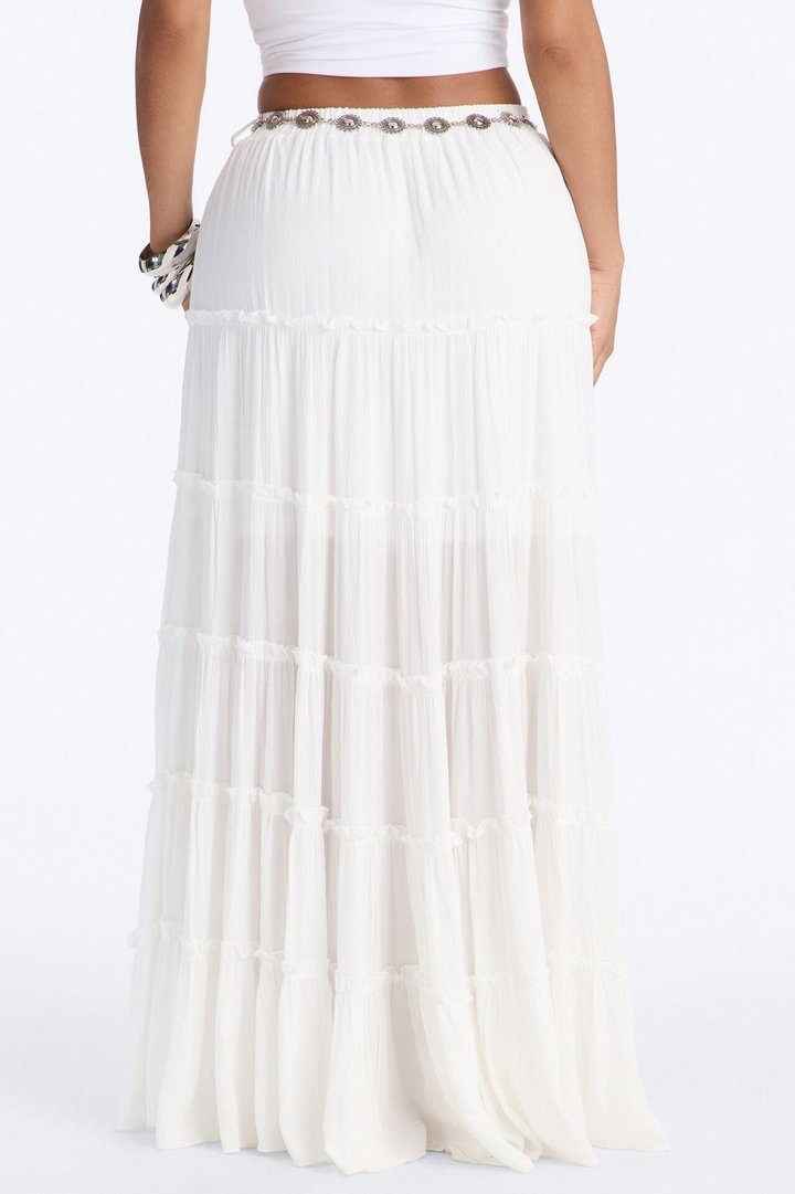Free Spirit Low Rise Belted Tiered Maxi Skirt - White