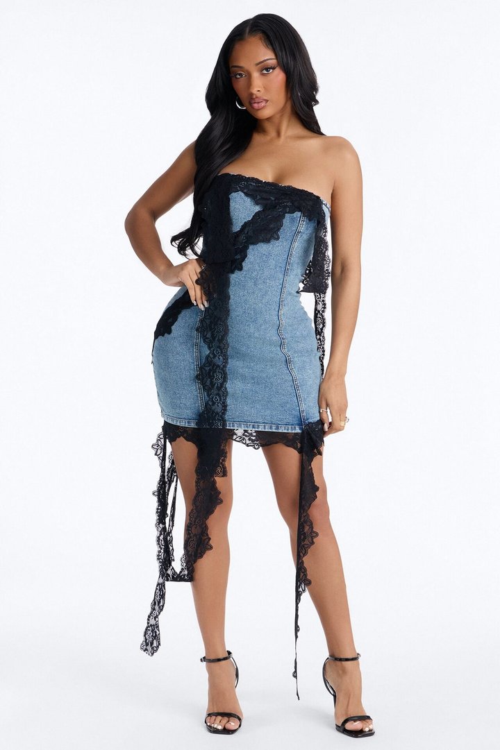Lizzie Lace Trim Stretch Denim Mini Dress - Medium Wash