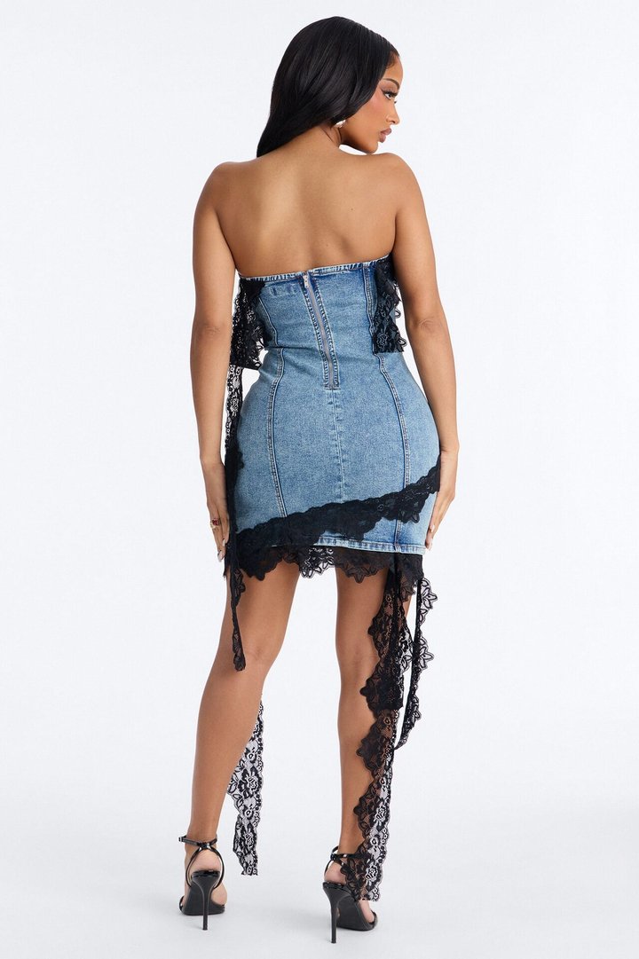 Lizzie Lace Trim Stretch Denim Mini Dress - Medium Wash