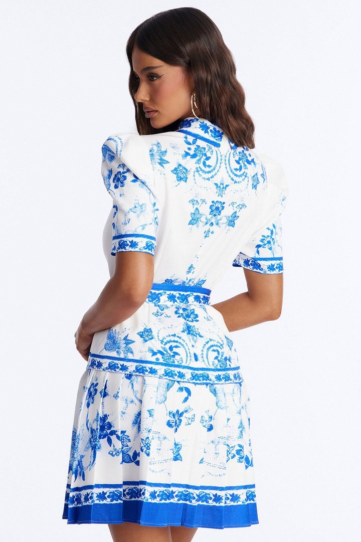 Arlette Short Sleeve Belted Mini Dress - Blue/combo