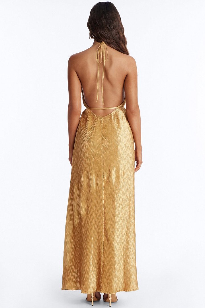 Vivianna Backless Plisse Maxi Dress - Mustard