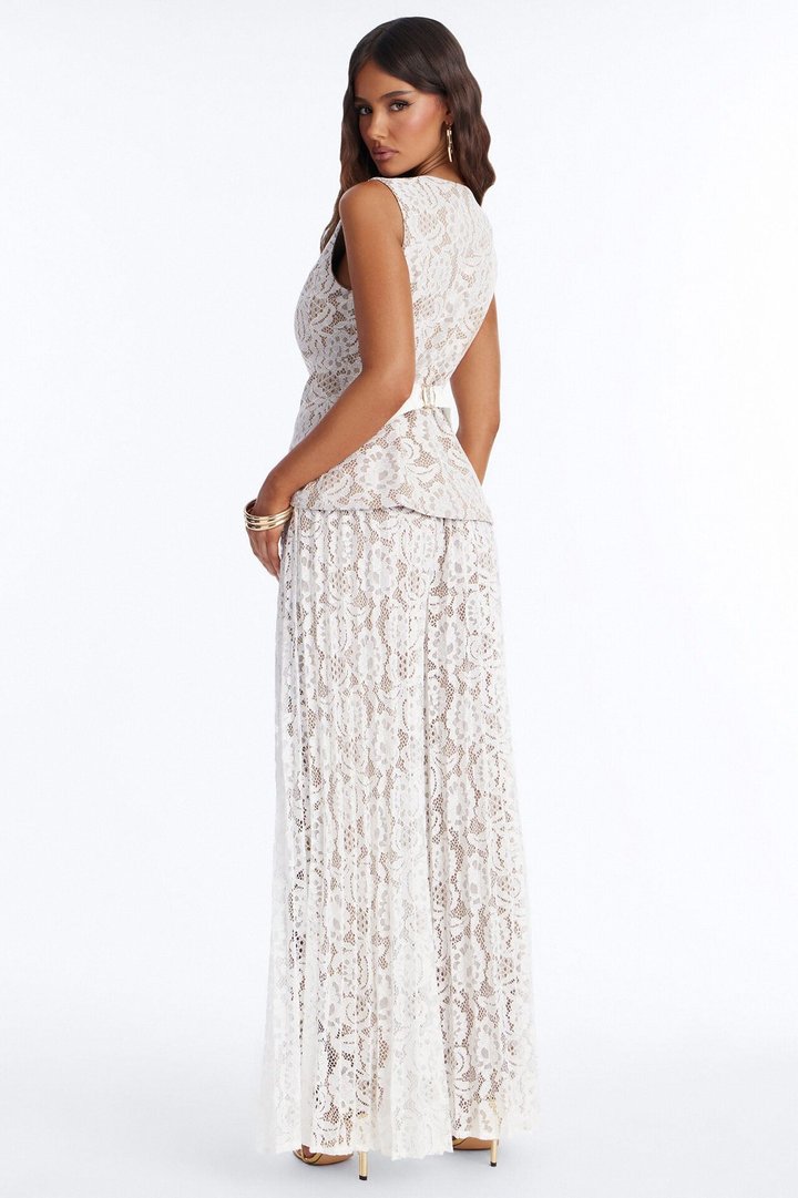London Lace Vest Pleated Pant Set - Ivory