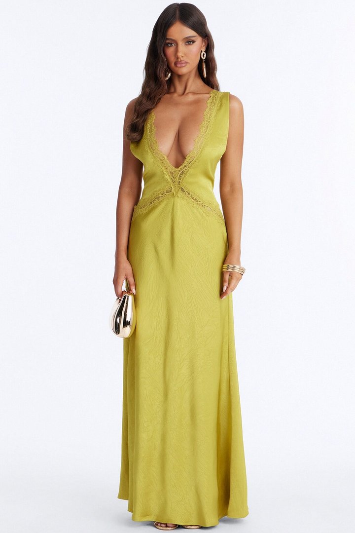 Willow Lace Satin Maxi Dress - Chartreuse
