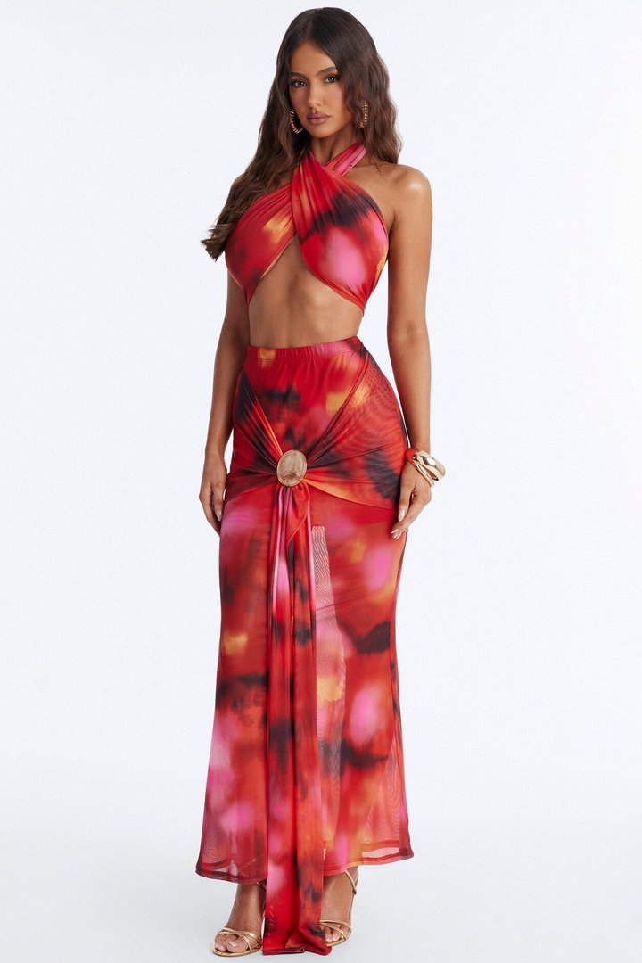 Darci Mesh Halter Maxi Skirt Set - Red/combo