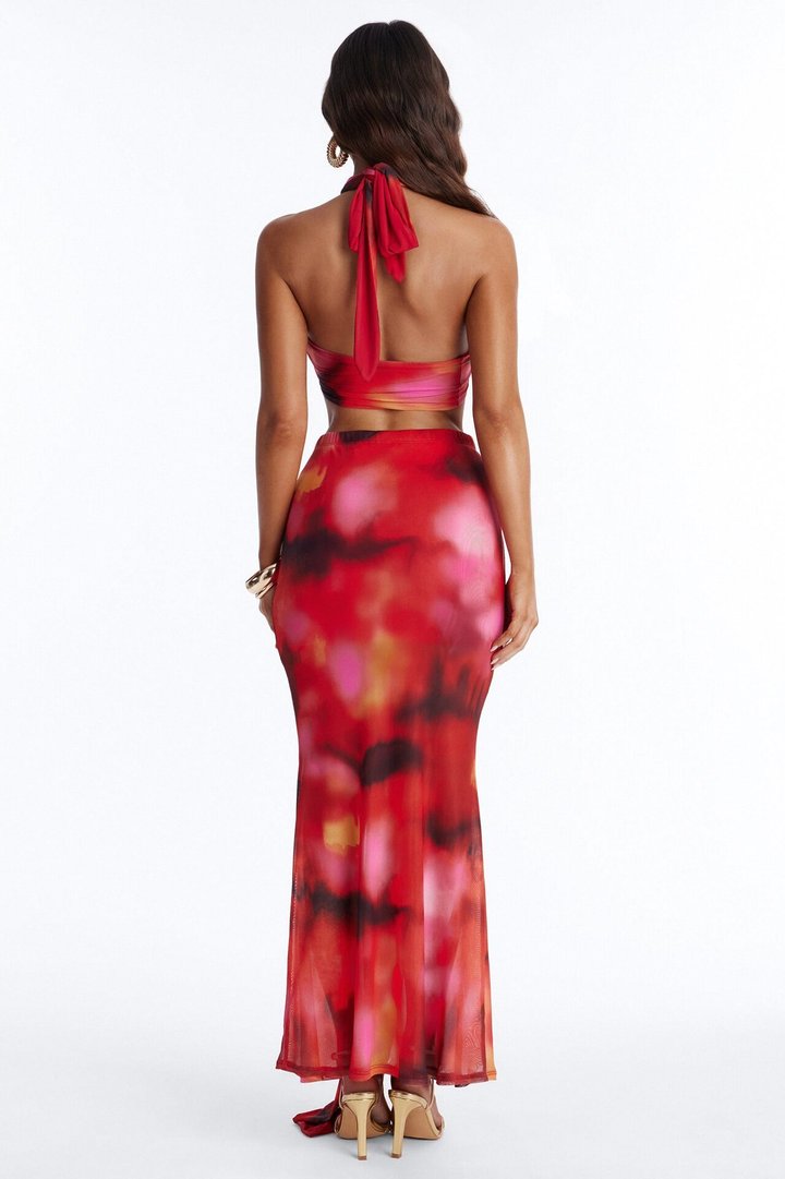 Darci Mesh Halter Maxi Skirt Set - Red/combo
