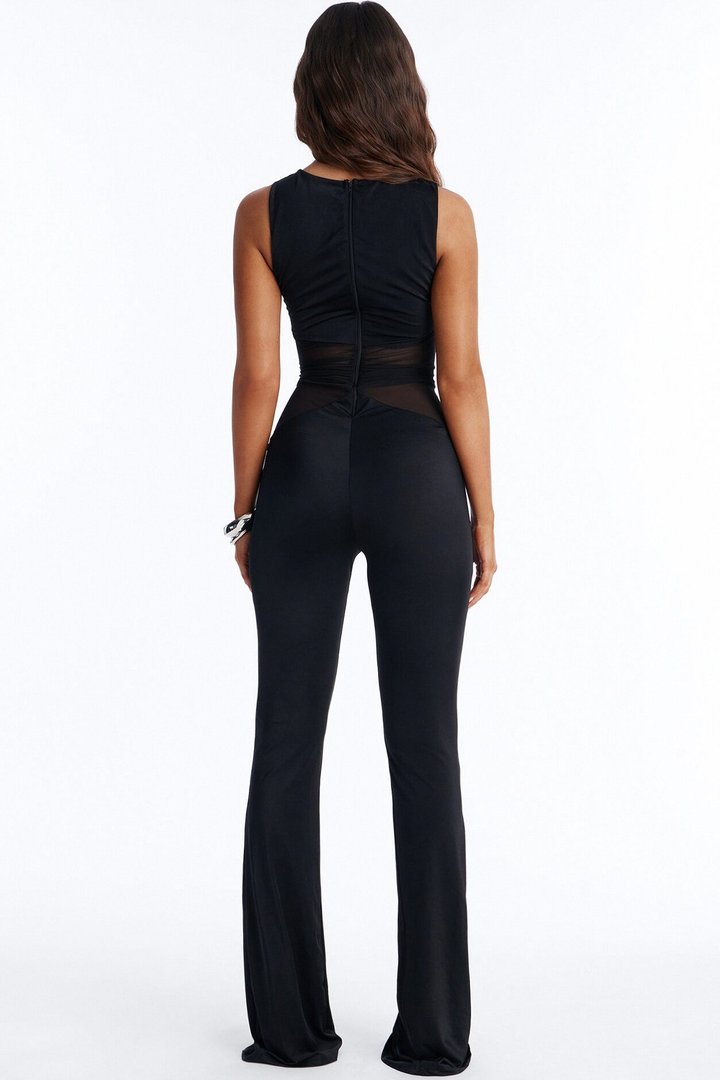 Rosina Ruched High Neck Flare Leg Jumpsuit - Black