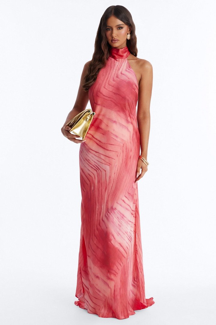 Palm Paradise Backless Satin Maxi Dress - Coral/combo