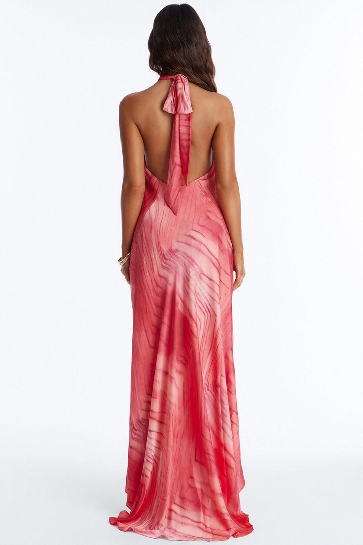 Palm Paradise Backless Satin Maxi Dress - Coral/combo