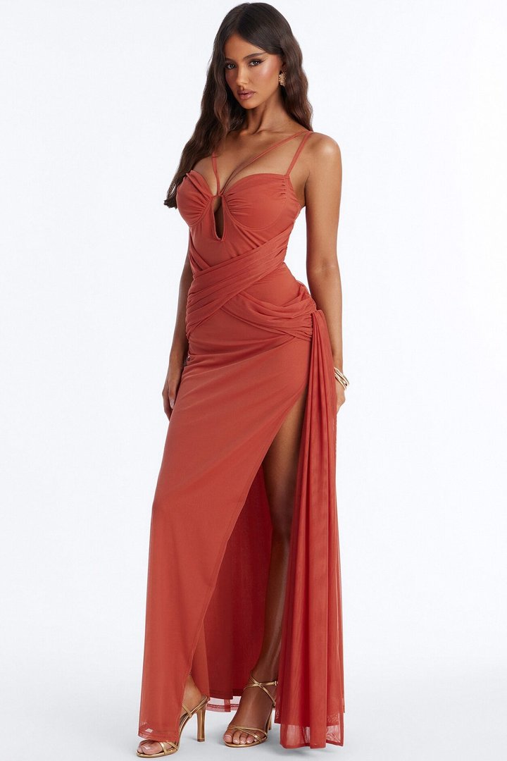 Erin Ruched Mesh Maxi Dress - Marsala