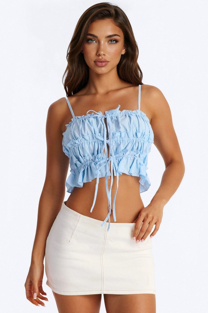 Maelle Tie Front Ruched Poplin Cami Top - Blue