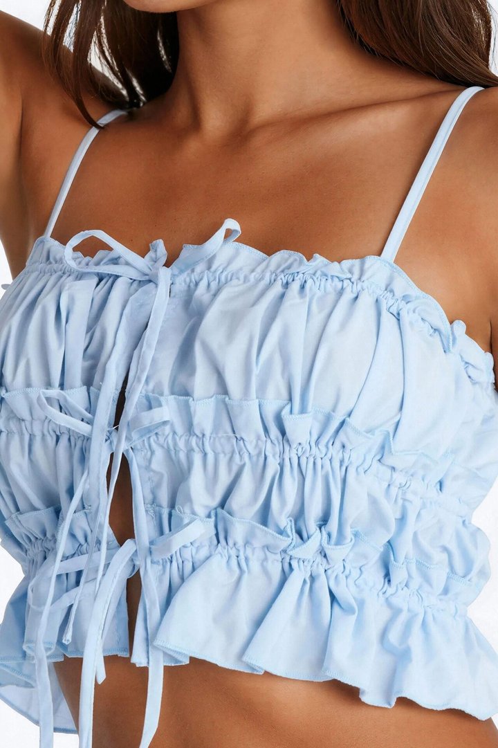 Maelle Tie Front Ruched Poplin Cami Top - Blue