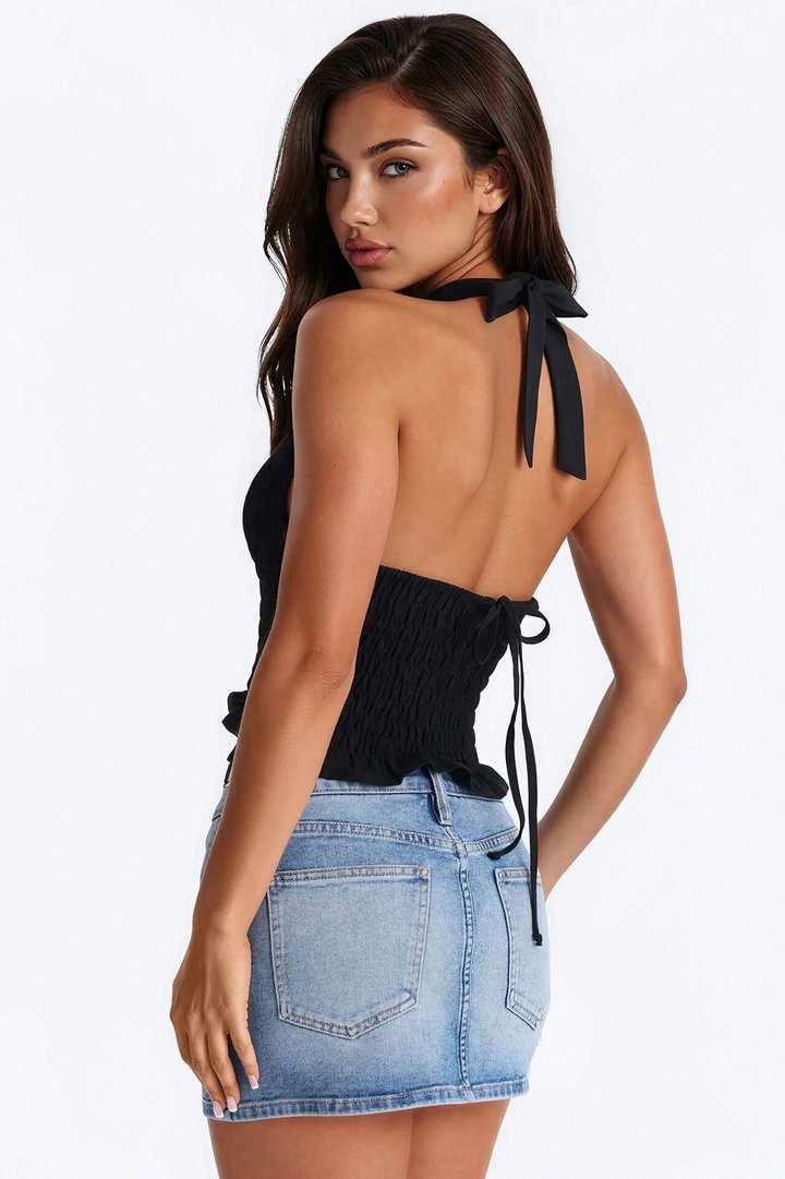 Gentle Mood Smocked Linen Halter Top - Black