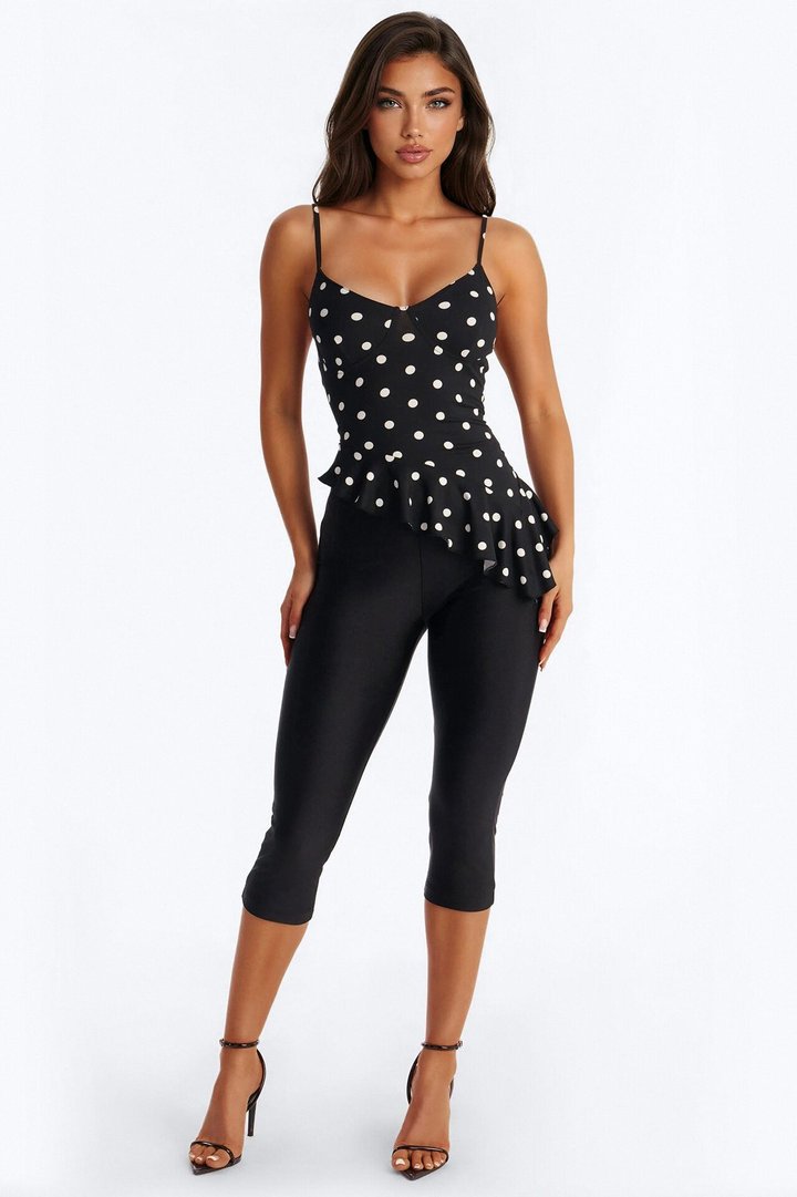 Bailey Polka Dot Asymmetrical Ruffle Top - Black/combo
