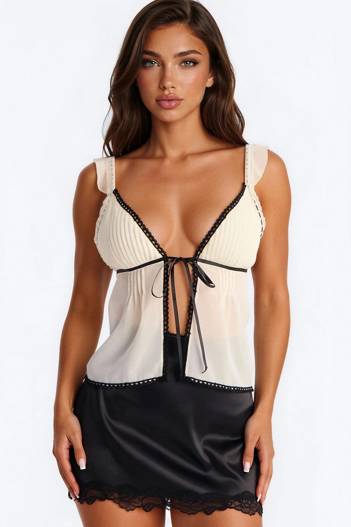 Whispering Glamour Contrast Chiffon Flyaway Top - Cream/combo