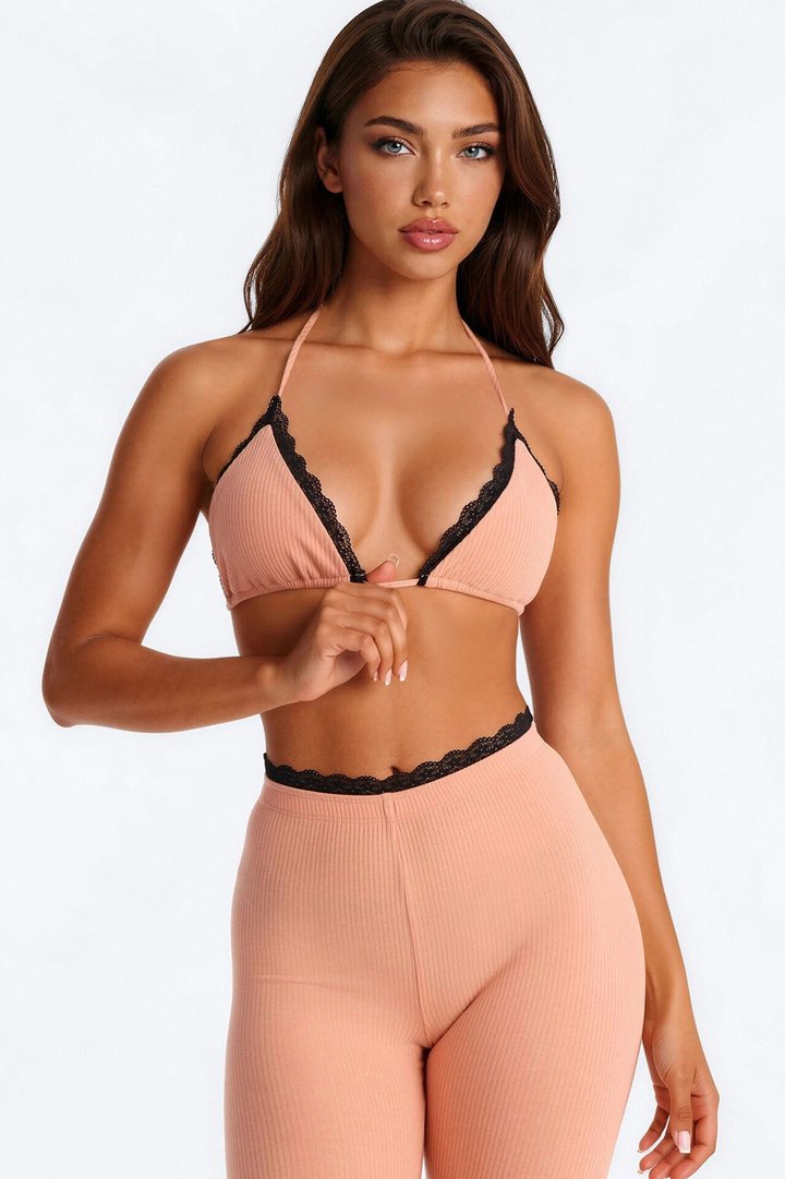 Your's Truly Laced Ribbed Capri Set - Coral