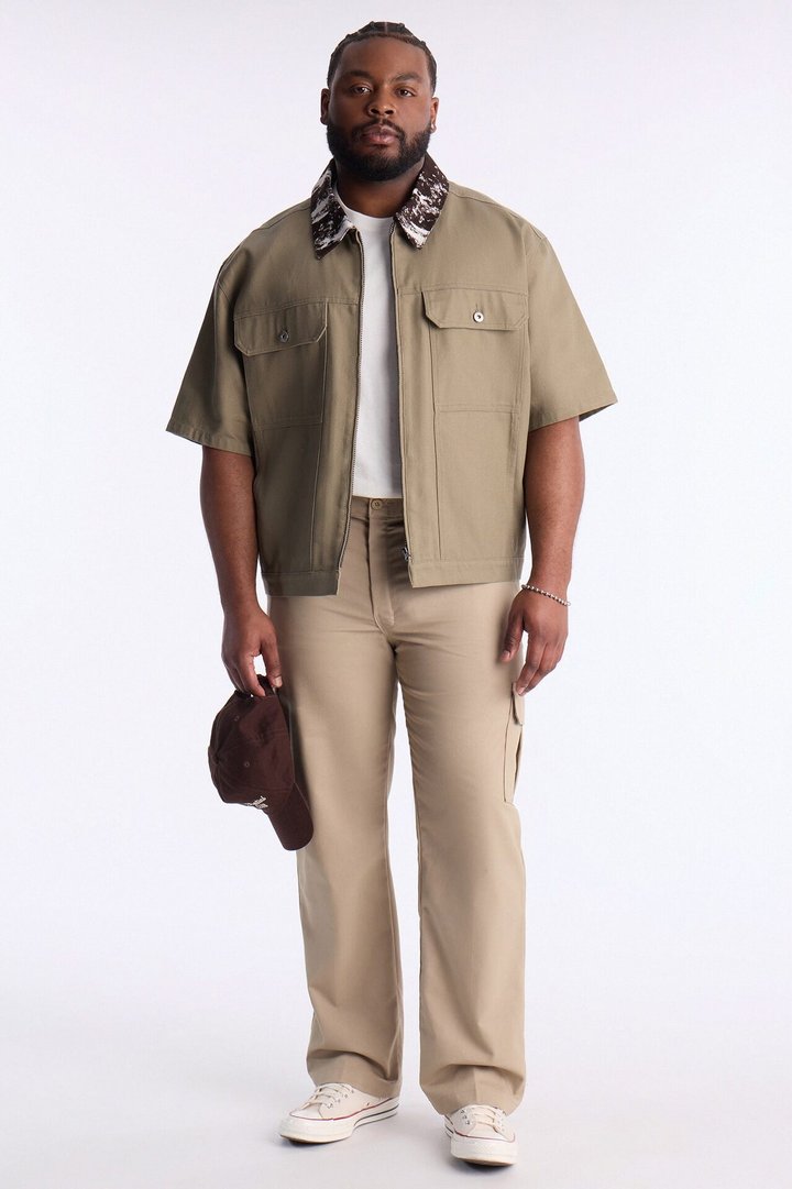 Canon Contrast Collar Zip Up Shirt - Taupe