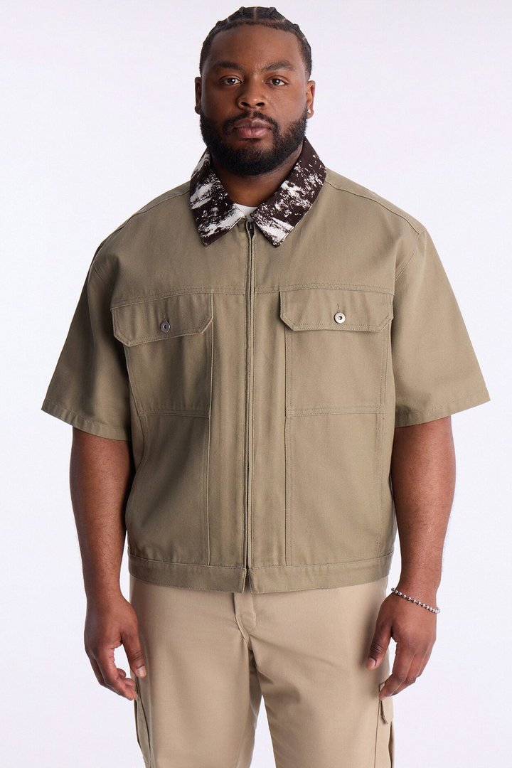 Canon Contrast Collar Zip Up Shirt - Taupe