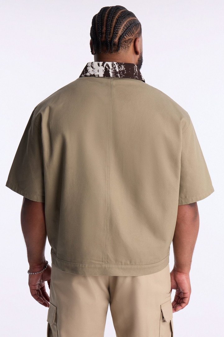 Canon Contrast Collar Zip Up Shirt - Taupe