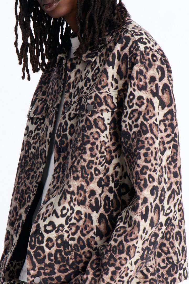 Marcy Wild Leopard Print Trucker Jacket - Brown