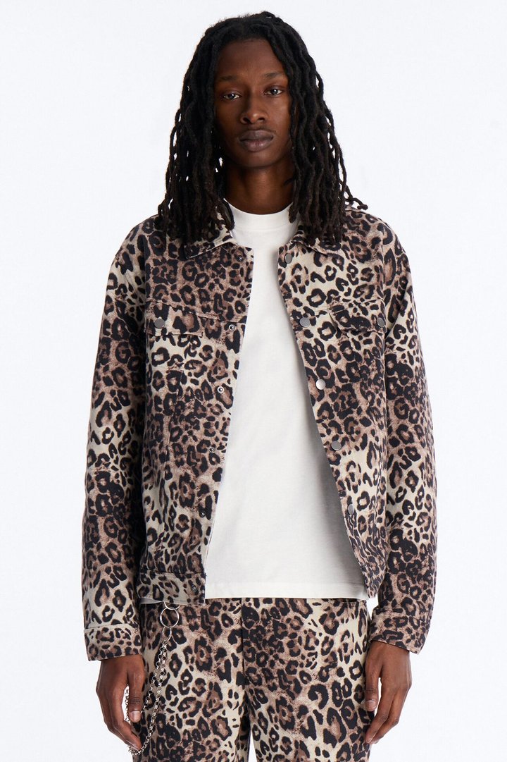 Marcy Wild Leopard Print Trucker Jacket - Brown