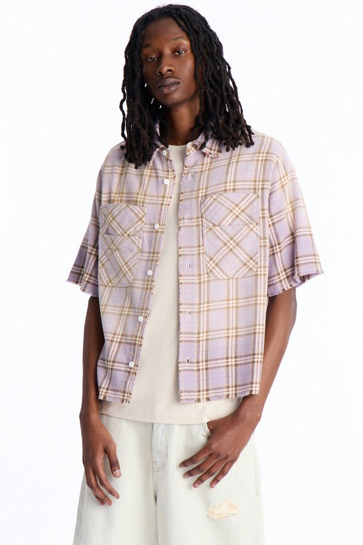 Cropped Gotta Move Flannel Button Up Shirt - Purple