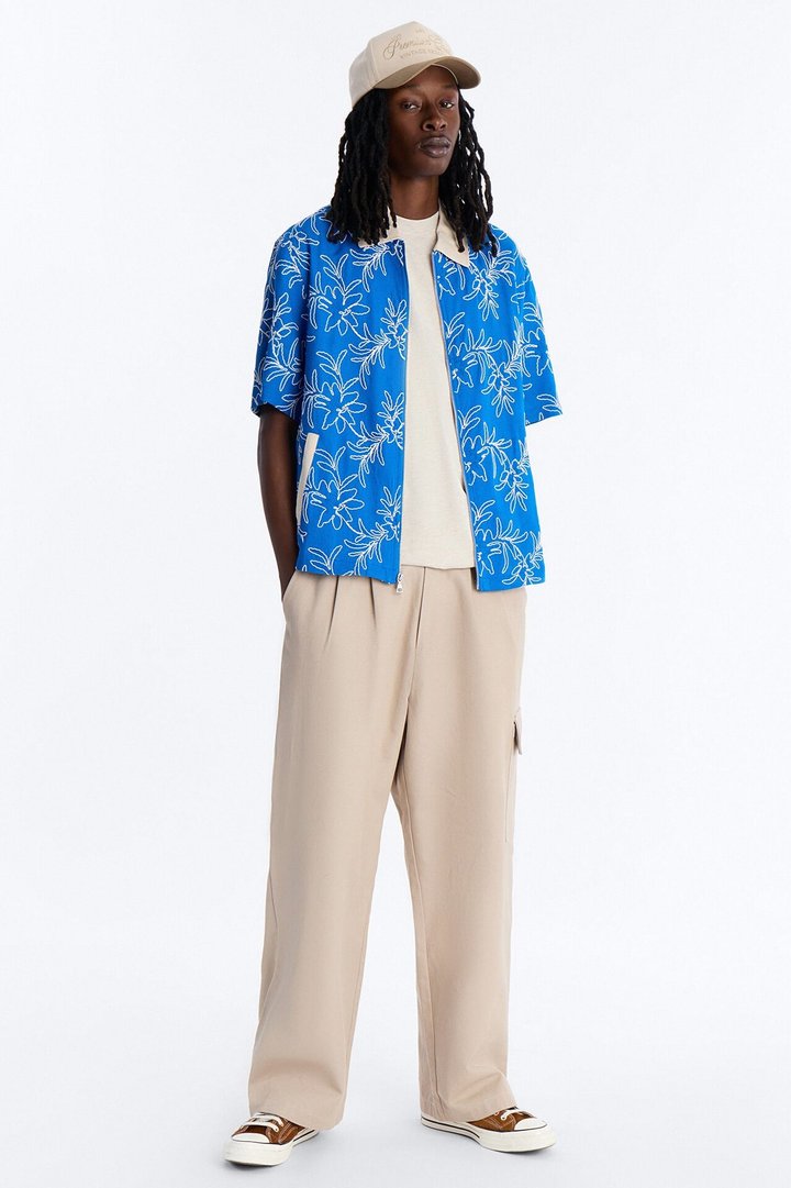 Relaxed Island Riot Embroidered Zip Shirt - Blue
