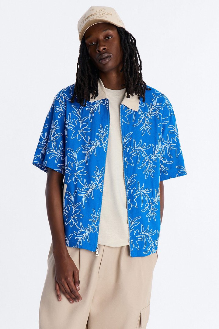 Relaxed Island Riot Embroidered Zip Shirt - Blue