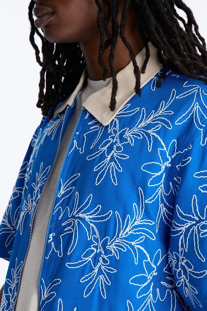 Relaxed Island Riot Embroidered Zip Shirt - Blue