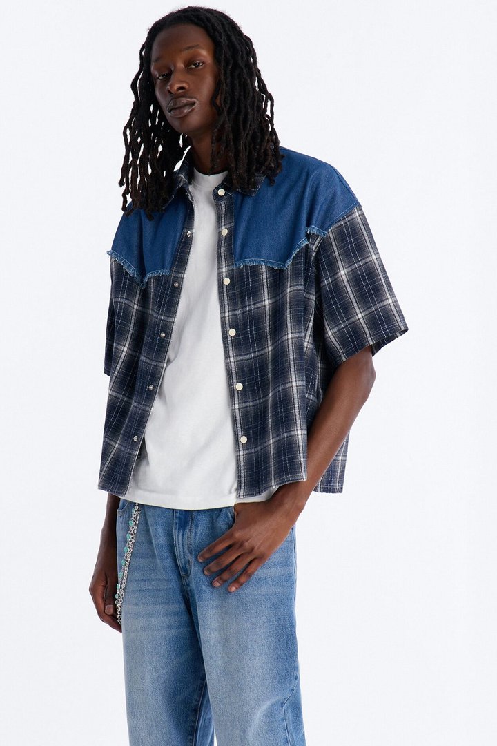 Sundown Mixed Media Button Up Shirt - Black