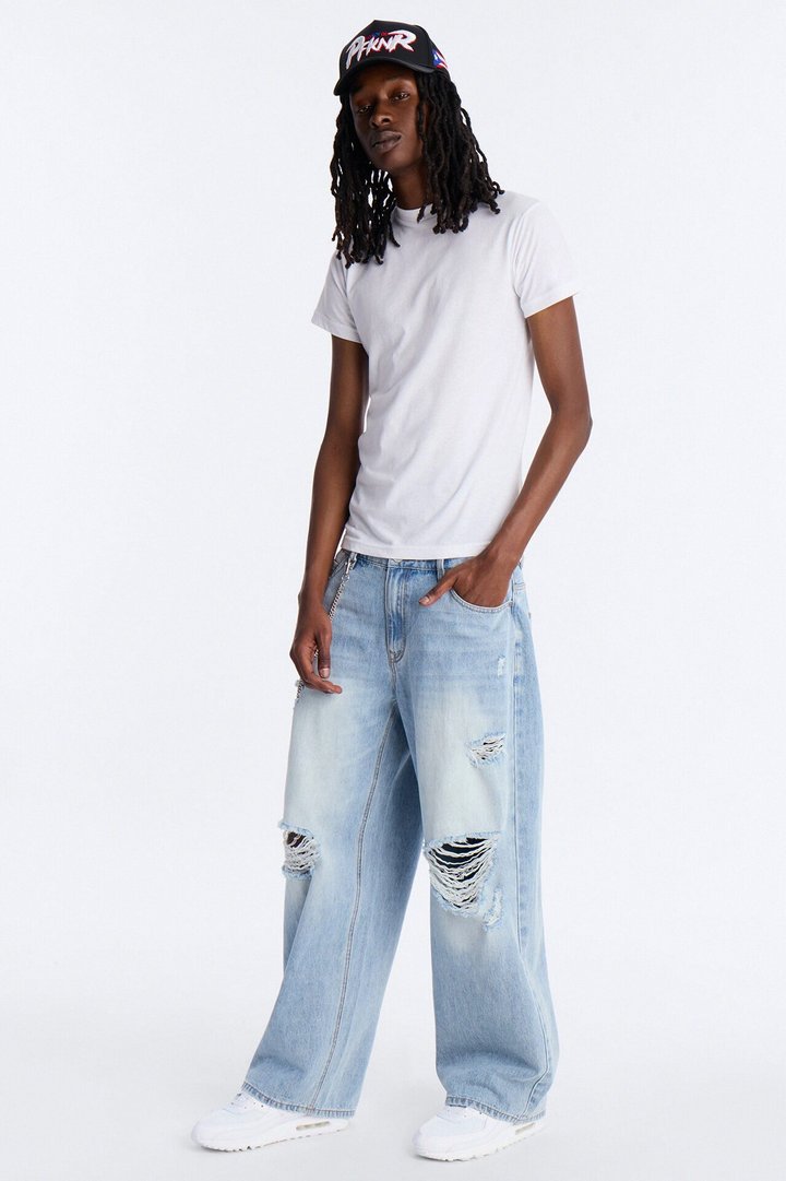 Essential Destroyed Baggy Rigid Jean - Light Blue Wash