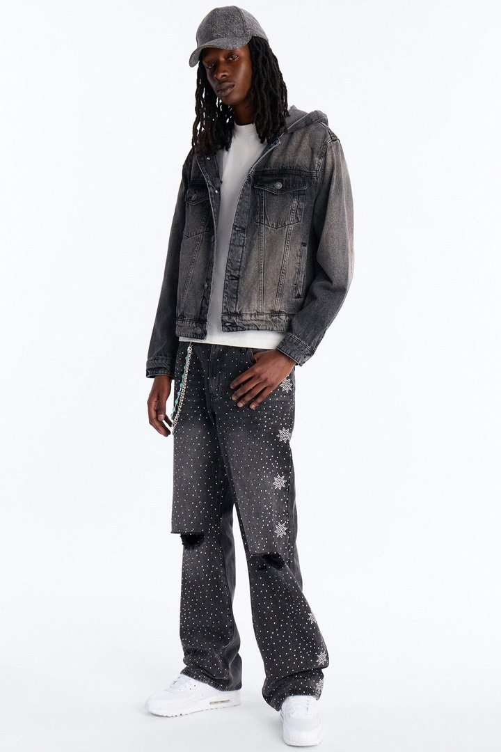 Straight Flare Static Drip Jeweled Jean - Black Wash