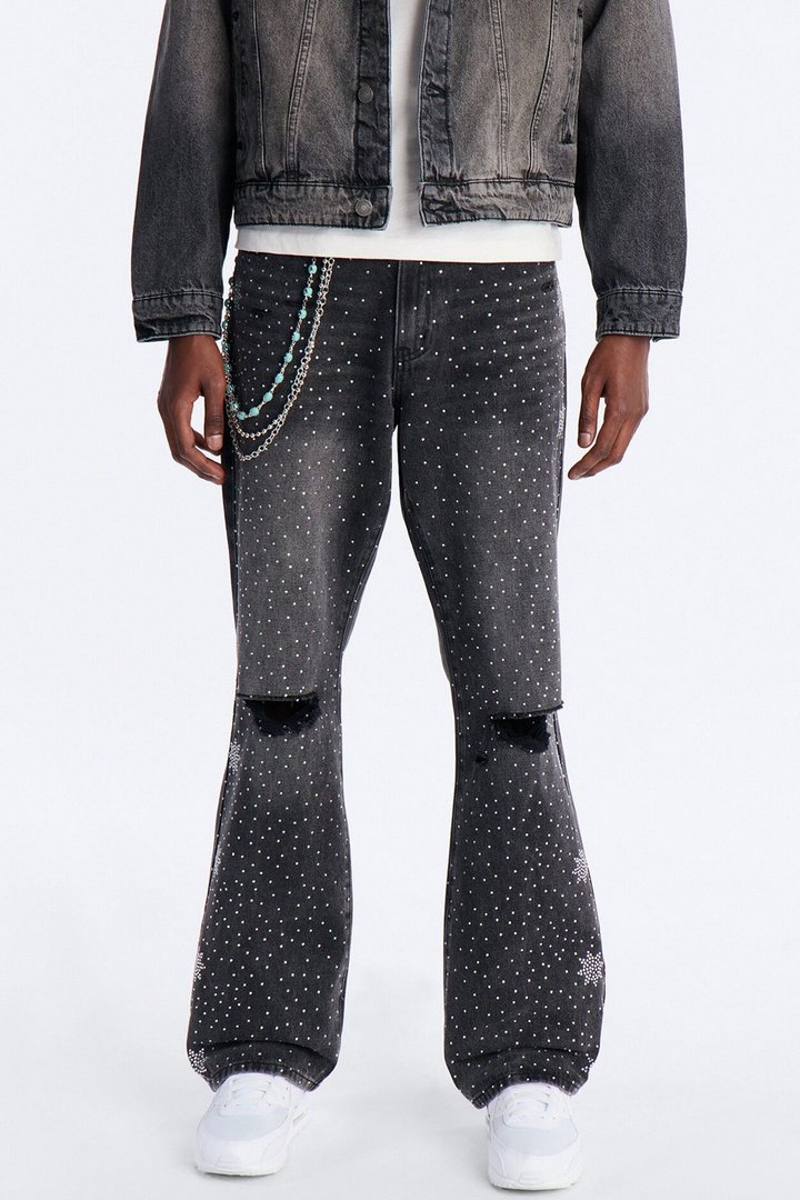 Straight Flare Static Drip Jeweled Jean - Black Wash