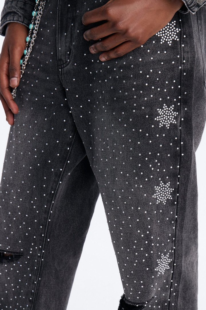 Straight Flare Static Drip Jeweled Jean - Black Wash