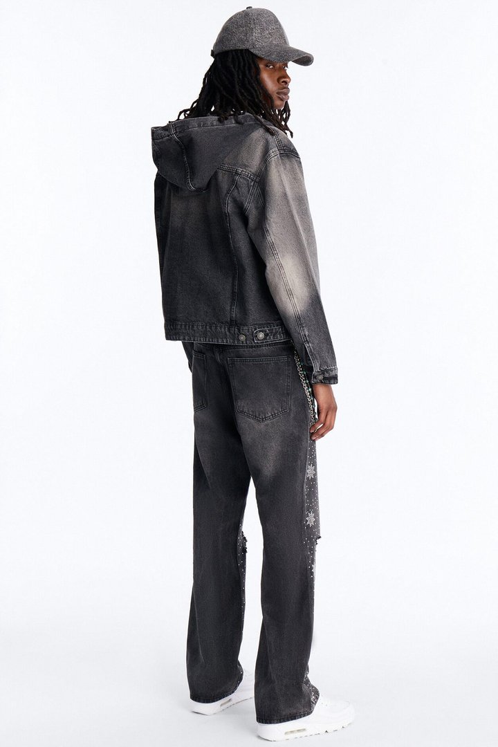 Straight Flare Static Drip Jeweled Jean - Black Wash