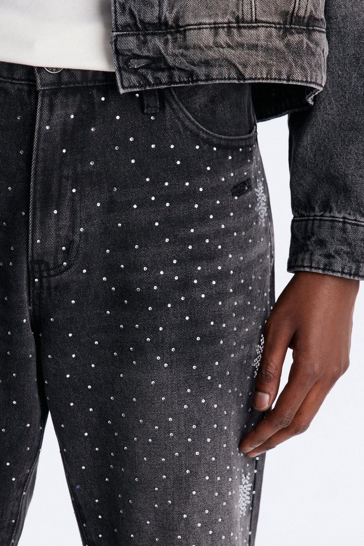 Straight Flare Static Drip Jeweled Jean - Black Wash