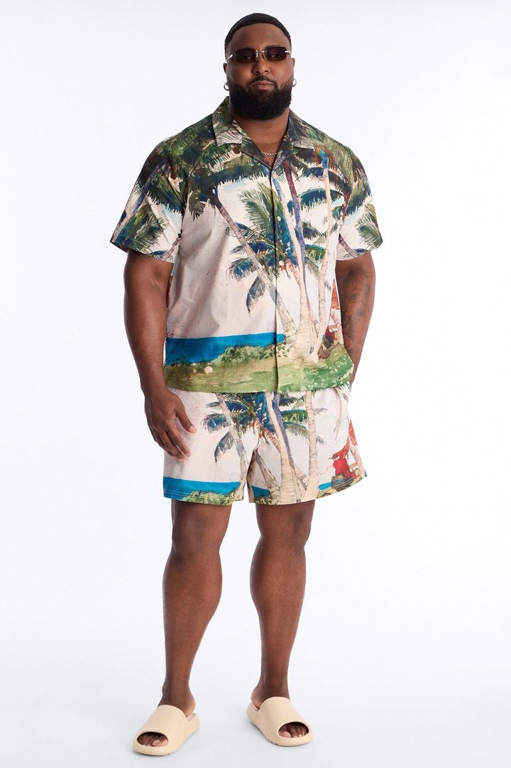 Tropical Get Away Printed Seersucker Cuban Collar Button Up Shirt - Multi Color